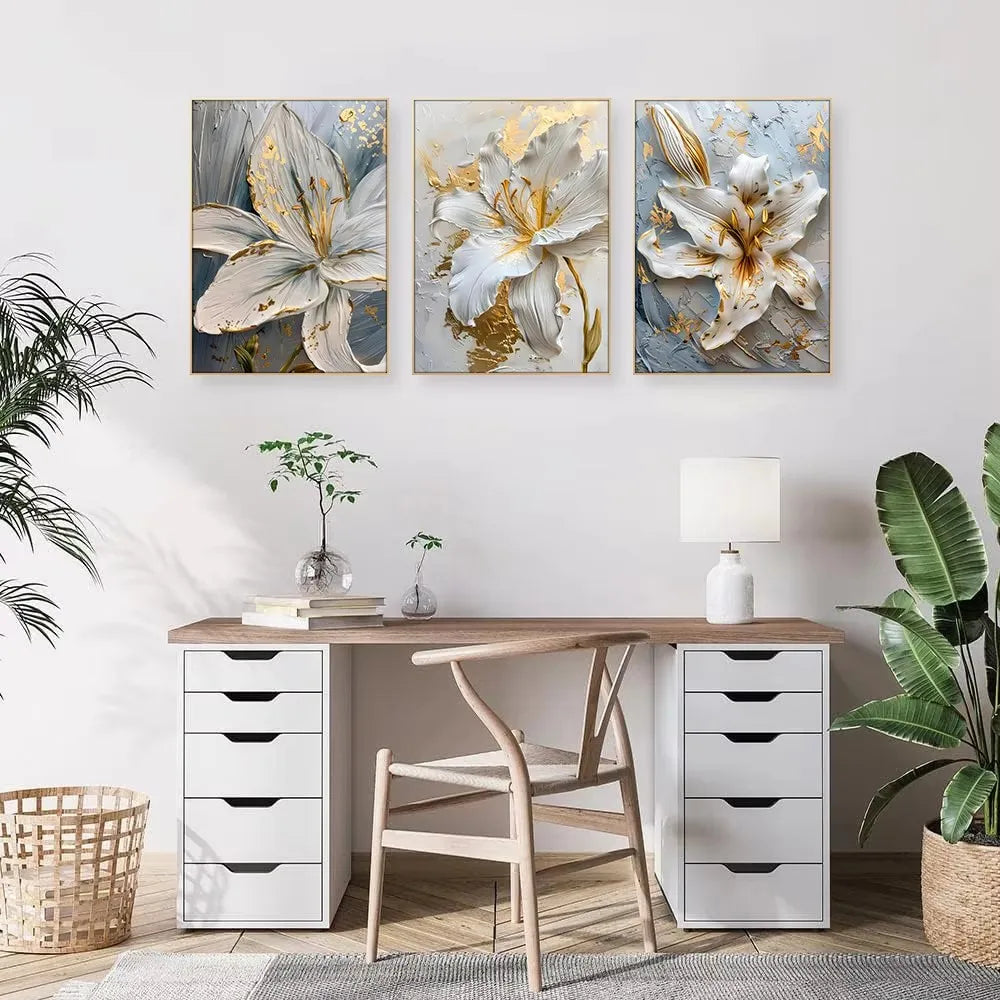 Fashion Gold and White Flower Canvas Posters Painting Abstract 3D Lily Flowers Wall Art Print for Bedroom Living Rome Home Decor