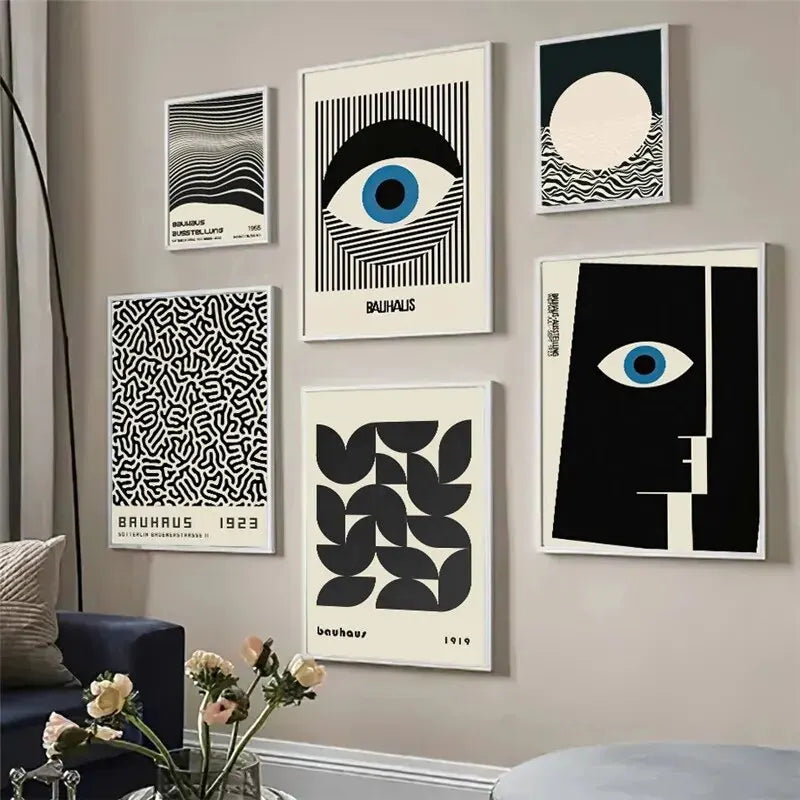 Bauhaus Line Abstract Eye Leopard Black Wall Art, Canvas Painting Poster, Ideal for Living Room Decoration, Unique Home Decor