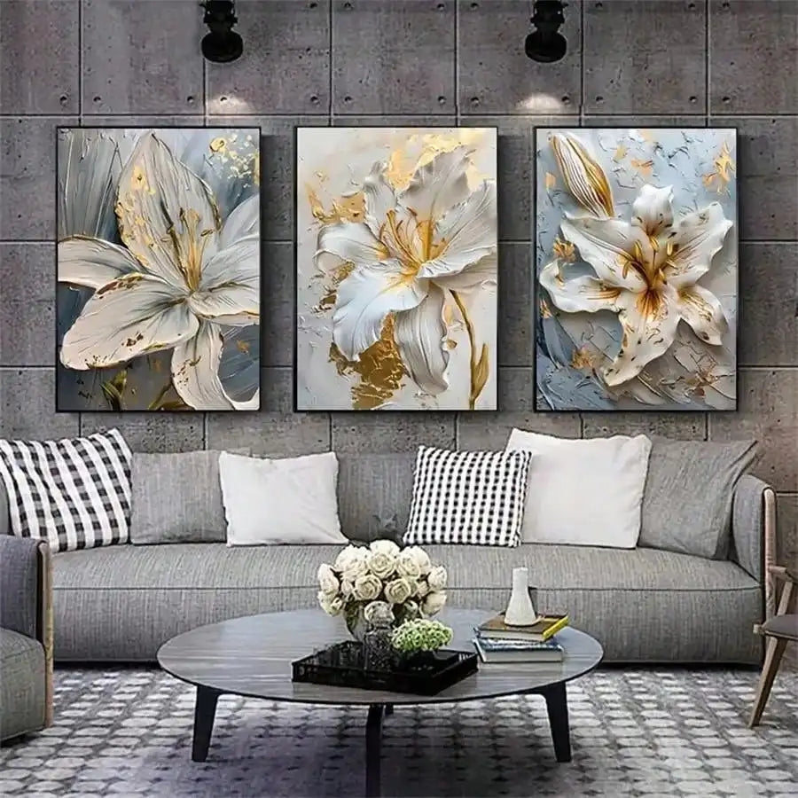 Fashion Gold and White Flower Canvas Posters Painting Abstract 3D Lily Flowers Wall Art Print for Bedroom Living Rome Home Decor