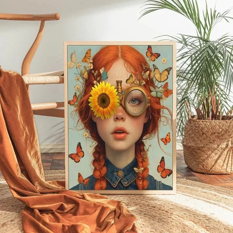 3pcs Nordic Boho Fashion Glasses Woman with Flowers Wall Art Canvas Painting Butterfly Girl Portrait Poster Prints Mural Picture