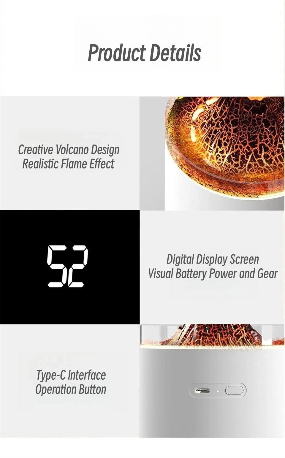 350ml USB Charging Air Humidifier Ultrasonic Aroma Essential Oil Diffuser with Volcano Flame Lamp Mini Portable Mist Humidifier