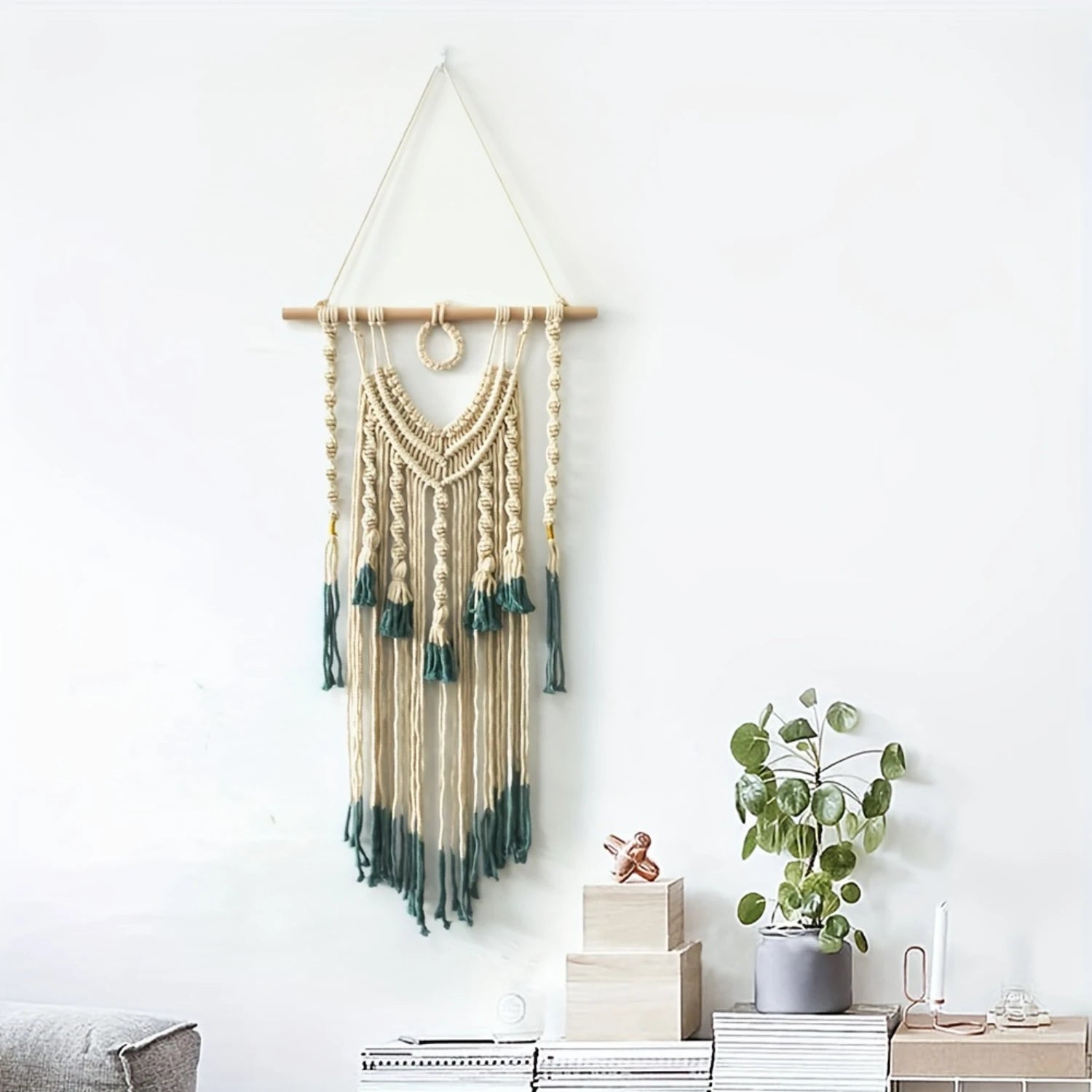 1pc Bohemian Tapestry Green And Beige Woven With Tassel, Macrame Wall Hanging For Bedroom Living Room  Decor
