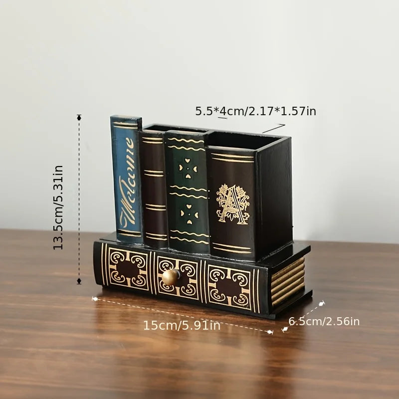 Vintage European Wooden Pen Holder - Creative Desk Organizer and Decorative Storage Box