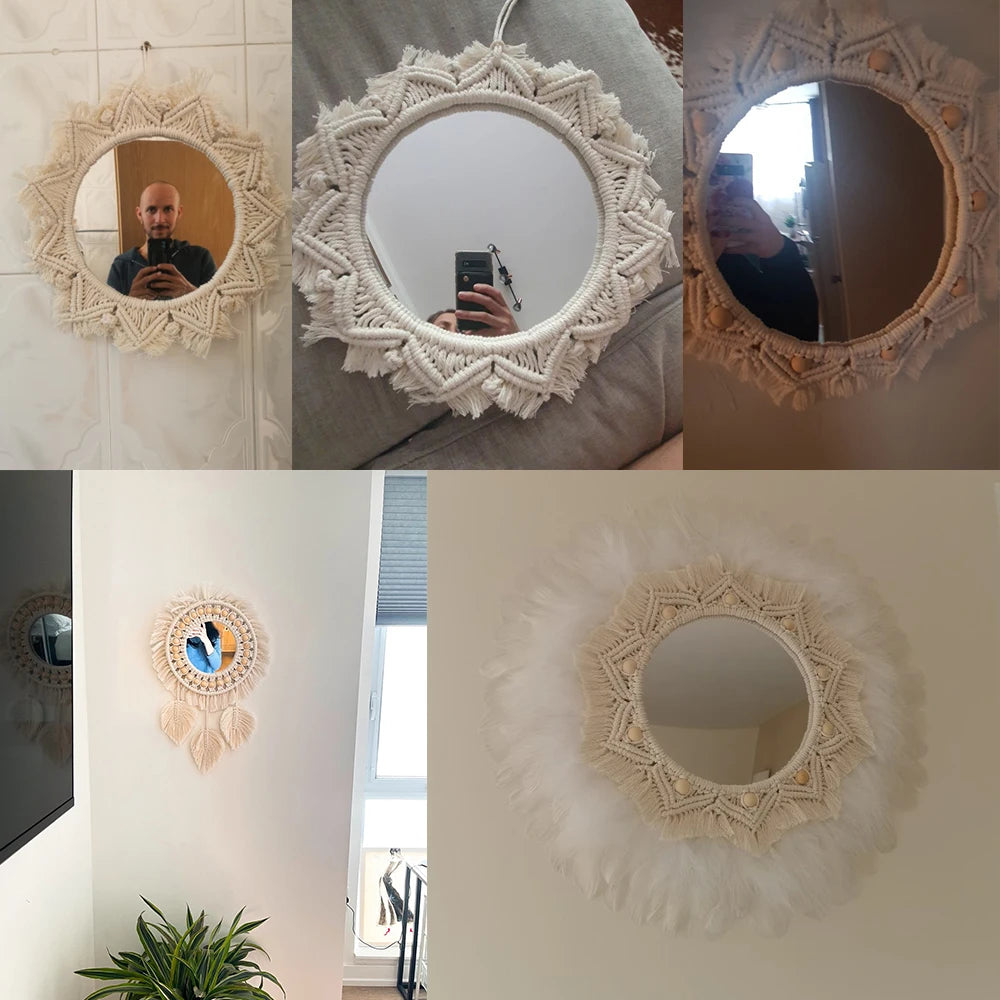 Boho Macrame Round Mirror Decorative Mirrors Aesthetic Room Decor Hanging Wall Mirror for Bedroom Living Room House Decoration