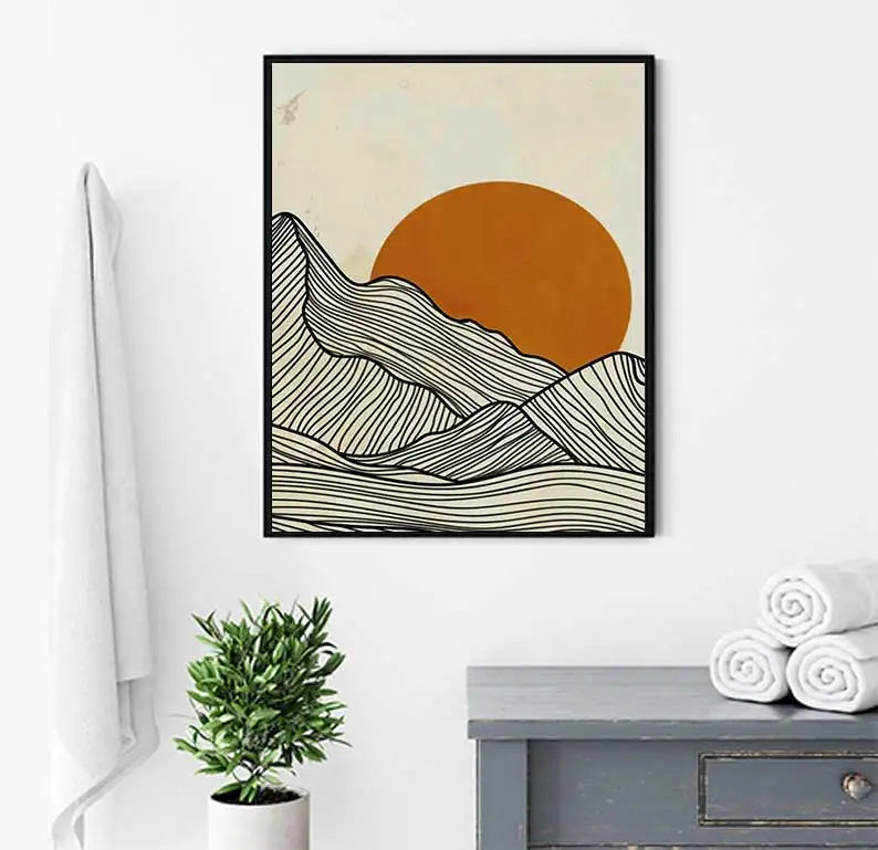 Minimalist Sun Mountain Line Abstract Wall Art, Nordic Posters Prints, Minimalist Image, Canvas Painting, Room Decoration, Set 3