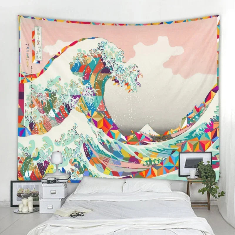Japanese Kanagawa Big Wave Tapestry Psychedelic Tapestry Teen Indie Room Decor Macrame Wall Hanging Large Fabric Wall Tapestry
