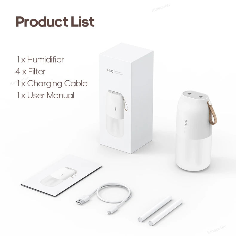 Dual Jet Air Humidifier 300ml, Ultrasonic Cool Mist Diffuser Replenish Humidity, Portable 2000mAh Air Freshener Purifier