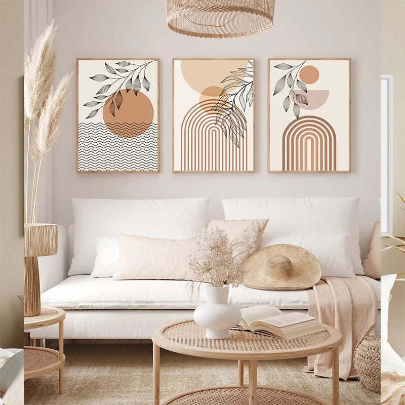 Boho Light Colour Block Canvas Painting Nordic Minimalist Lines Wall Art People Leaves Wall Art Home Living Room Decoration