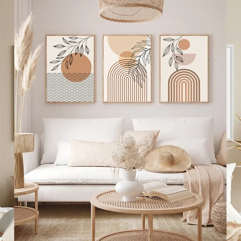 Boho Light Colour Block Canvas Painting Nordic Minimalist Lines Wall Art People Leaves Wall Art Home Living Room Decoration