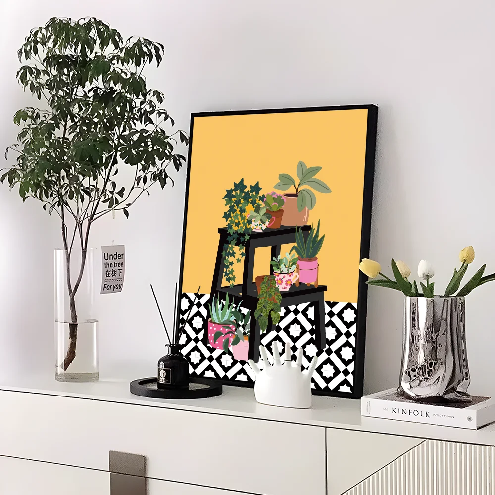 Greek Tile Botanical Plants Art Boho Green Leaves  Self-adhesive Art Poster Whitepaper Sticker DIY Room Bar Cafe Wall Decor