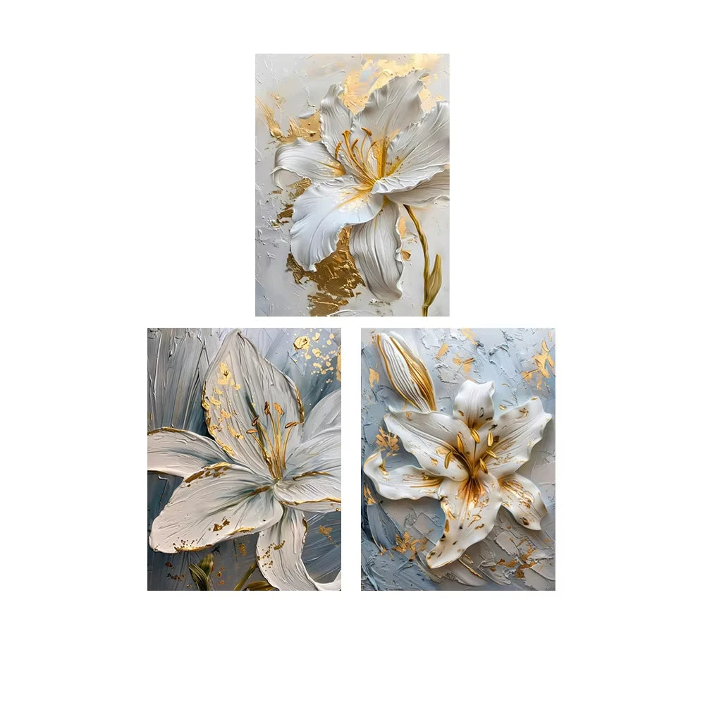 Fashion Gold and White Flower Canvas Posters Painting Abstract 3D Lily Flowers Wall Art Print for Bedroom Living Rome Home Decor