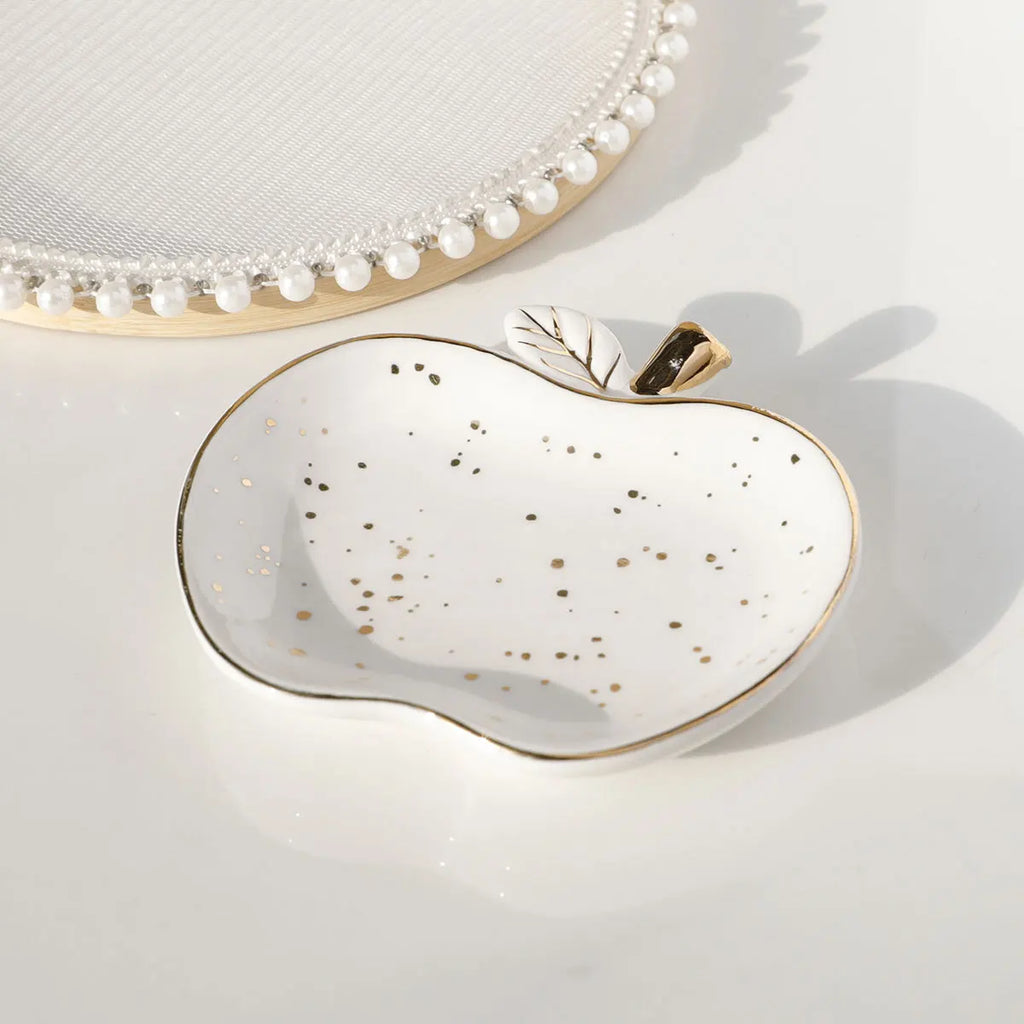 Ceramic Jewelry Tray Trinket Dish Apple Vanity Key Tray for Women, Ring Holder Dish, Cute Jewelry Plate Room Decor Birthday Gift