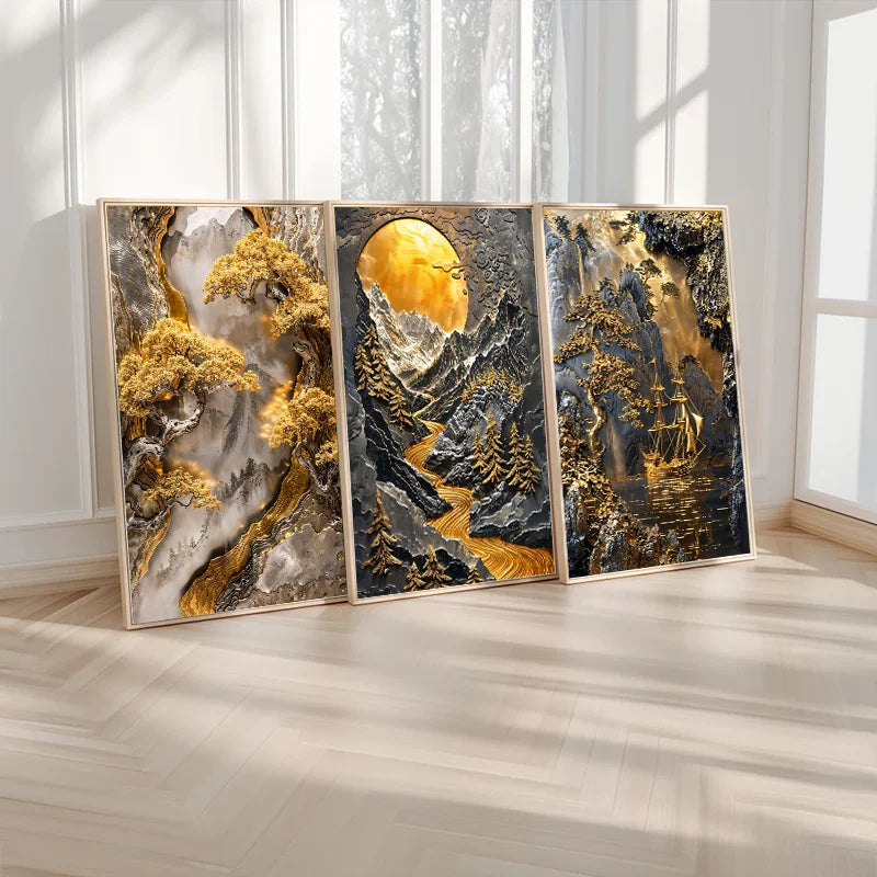 Golden Tree and Moon Abstract Painting Canvas Print, Luxury Wall Art, Minimalist Poster, Asian Style Pictures For Home Interior