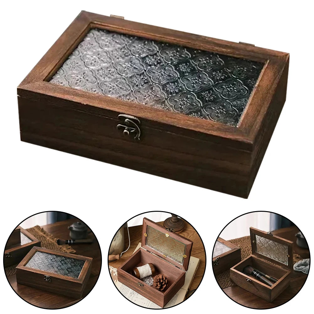 Rectangular Wooden Storage Box Nordic Retro Solid Wood Begonia Flower Glass Desktop Storage Decorative Box Hinged Storage Boxes