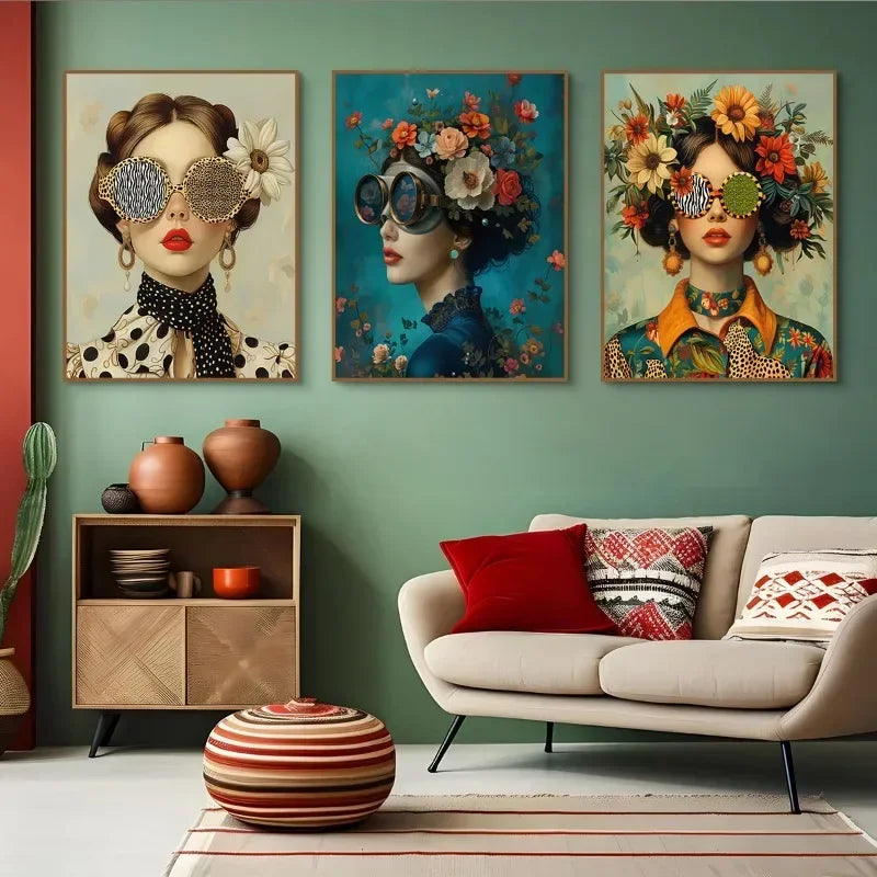 3pcs Nordic Boho Fashion Glasses Woman with Flowers Wall Art Canvas Painting Butterfly Girl Portrait Poster Prints Mural Picture