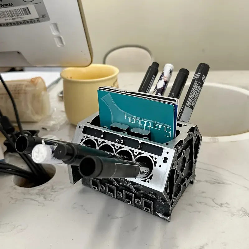 Creative Engine Block Desk Organizer Business Card Pen Holder Perfect Gift for Car Enthusiasts Resin Construction
