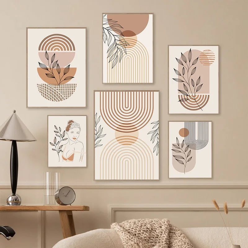 Boho Light Colour Block Canvas Painting Nordic Minimalist Lines Wall Art People Leaves Wall Art Home Living Room Decoration