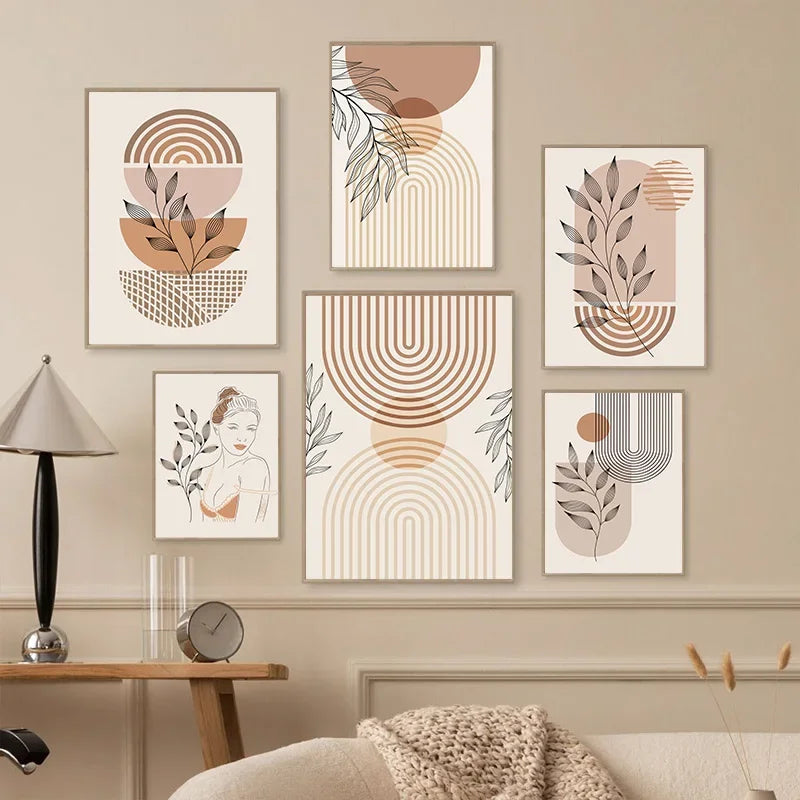 Boho Light Colour Block Canvas Painting Nordic Minimalist Lines Wall Art People Leaves Wall Art Home Living Room Decoration