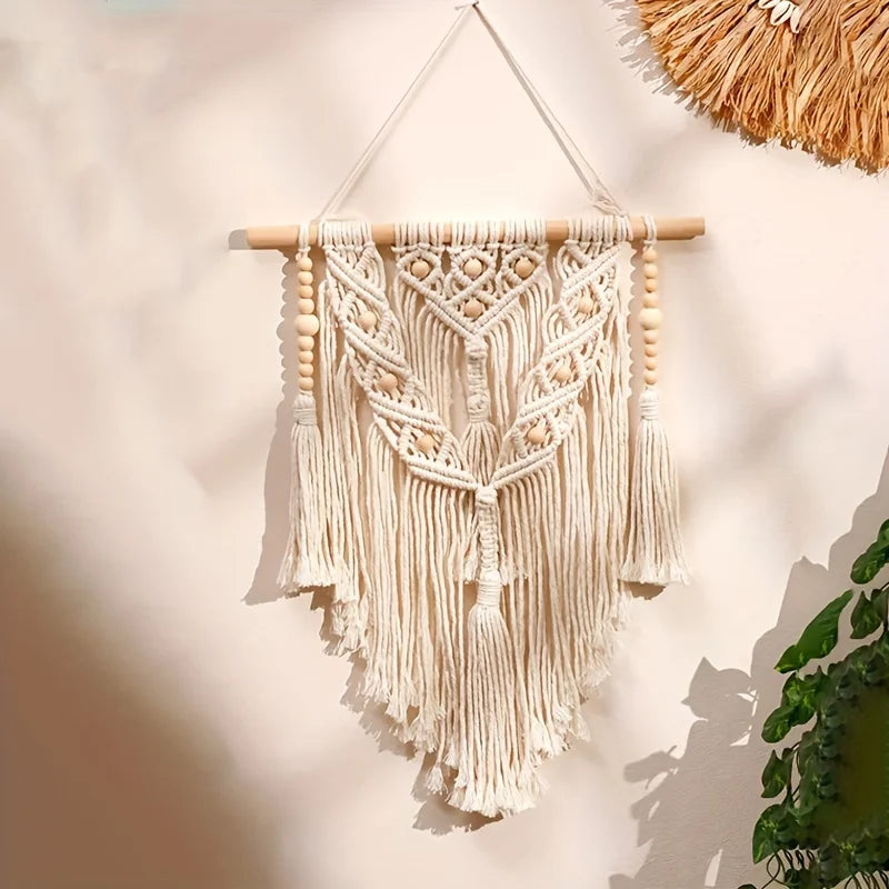 Macrame Wall Hanging Boho Art Wall Decor Wooden Bead Bedroom Nursery Apartment Home Decoration Gift for Girls Birthday Christmas