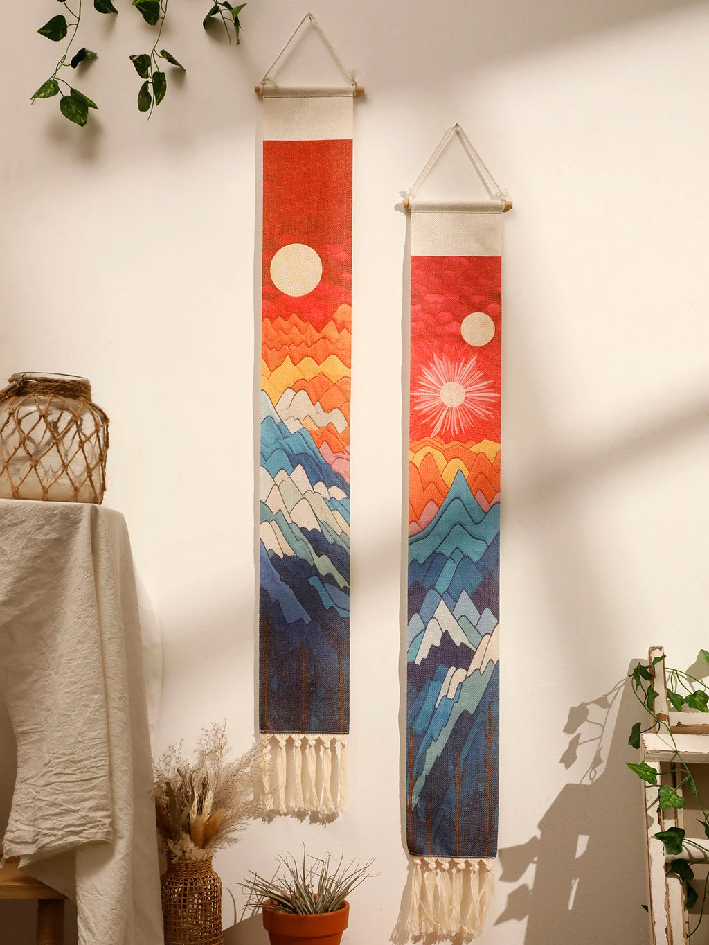 Macrame Tapestry Sunset Sunrise Handmade Wall Tapestries Boho Art Home Decoration Wall Hanging for Living Room Bedroom Ornament