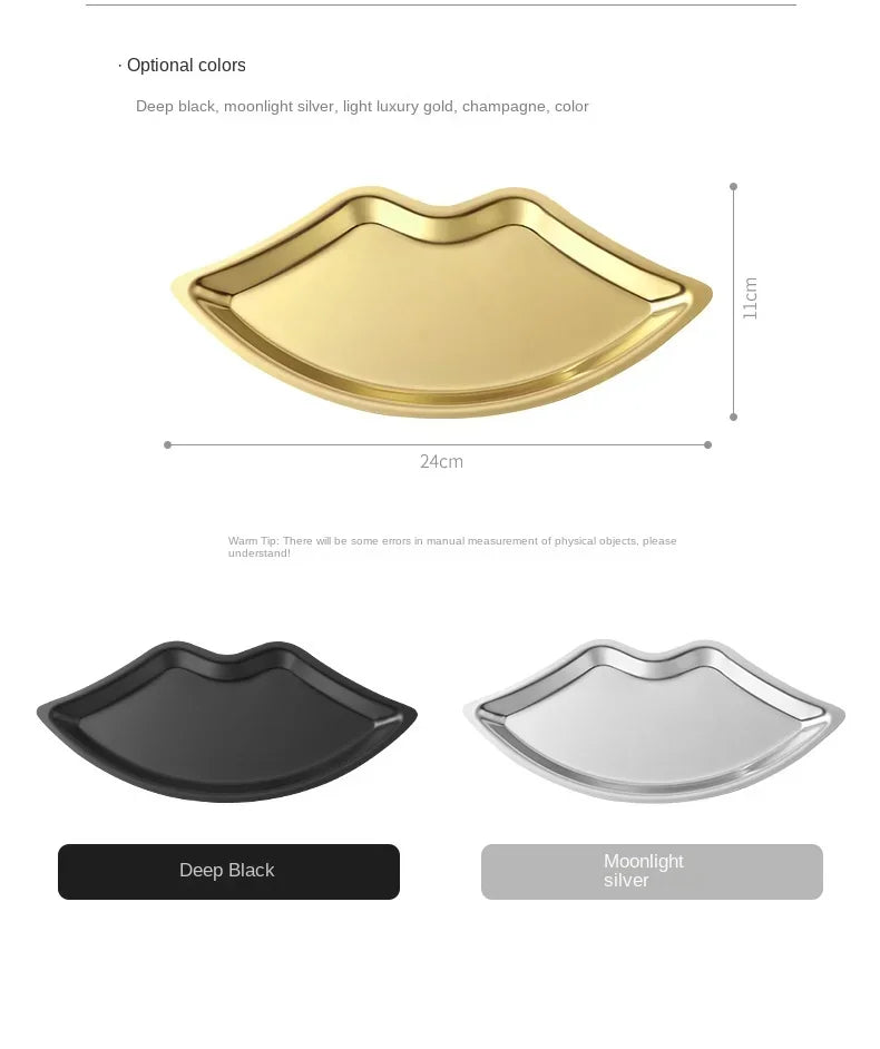 Korean Style Ins Style Stainless Steel Lip Shaped Jewelry Tray Home Cosmetics Metal Tray Female Jewelry Storage Tray Decorative