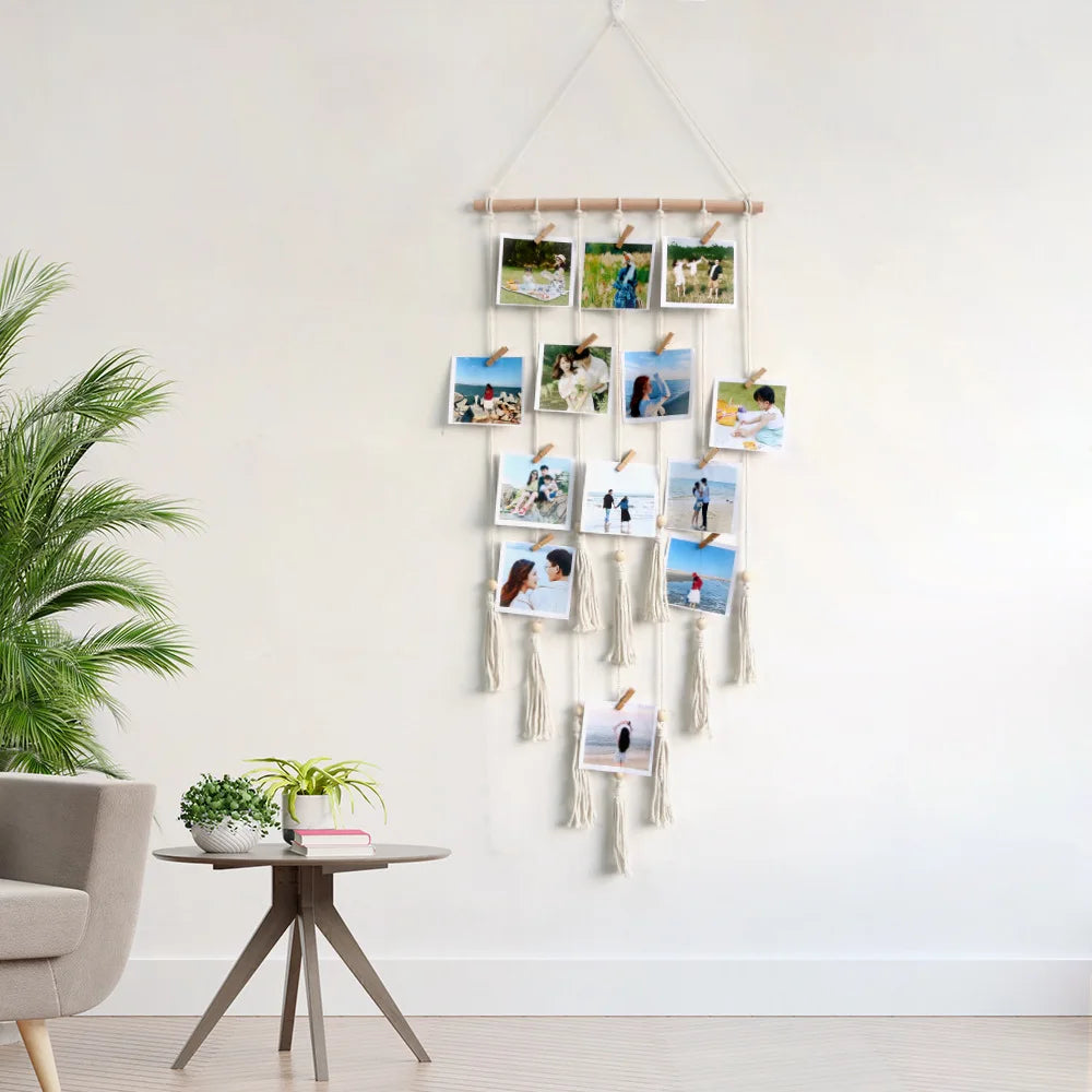 Hanging Photo Display Wall Decor Macrame Wall Hanging Boho Room Bedroom Decor, Picture Frame Collage Board with Light 30 Clip