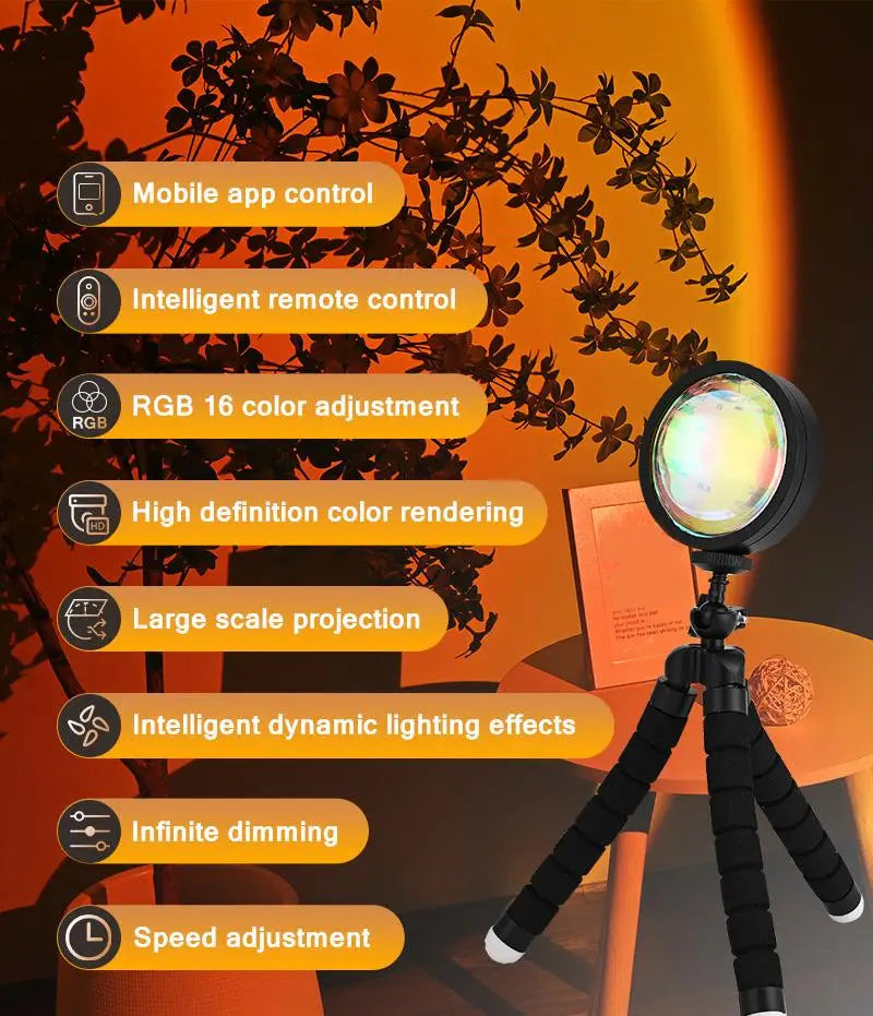 APP Remote Control 360 Degree Rotation Sunlight Lamp Projector with 16 color 4 Modes Rainbow Sunset Light