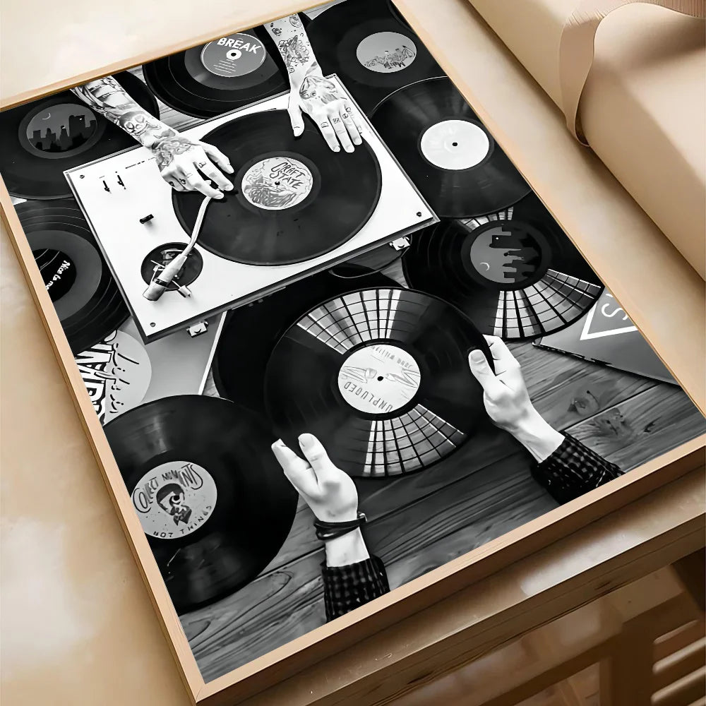Nordic Vintage Vinyl Records Poster Self-adhesive Art Waterproof Paper Sticker Coffee House Bar Room Wall Decor