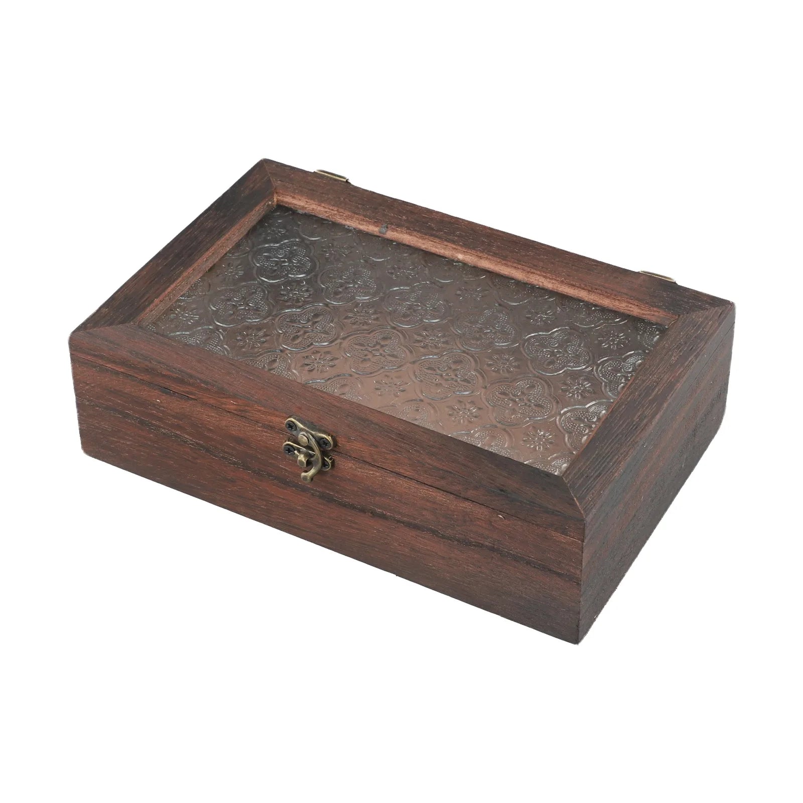 Rectangular Wooden Storage Box Nordic Retro Solid Wood Begonia Flower Glass Desktop Storage Decorative Box Hinged Storage Boxes