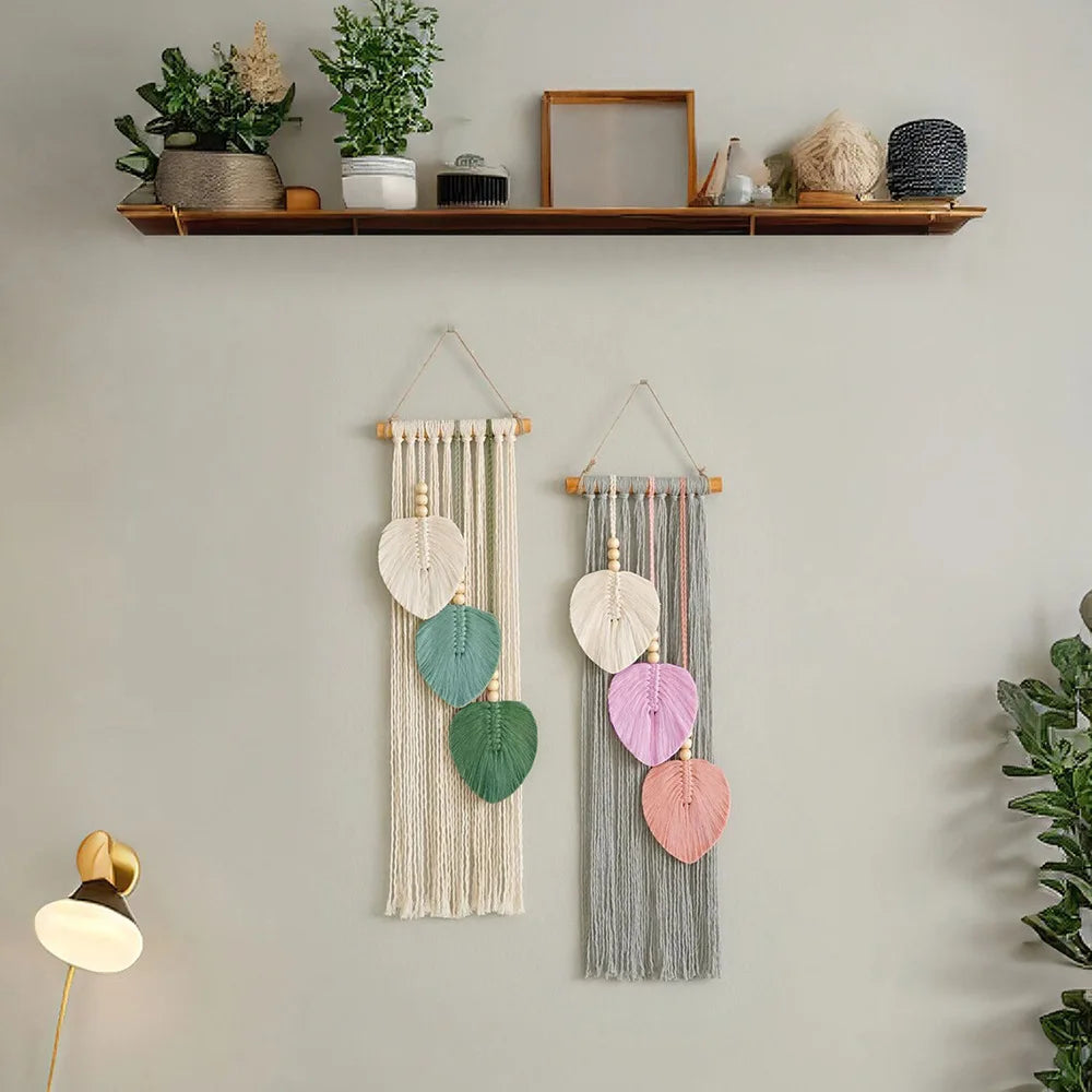 1 pc Macrame Woven Hanging Tapestry, 3 Leaves, Boho Hanging Tapstry Hanging on The Wall, Wall Decoration