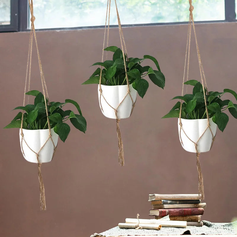 Green Plant Hanging Basket Cotton Rope Handmade Plant Hanger Flower Pot Macrame Pot Pocket Wall Boho Courtyard Home Decoration