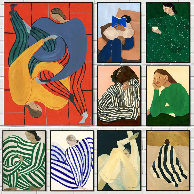 Abstract Nordic Figure Lines Girl Reading Book Posters Prints Wall Art Canvas Painting Blue Strip Wall Picture Home Room Decor