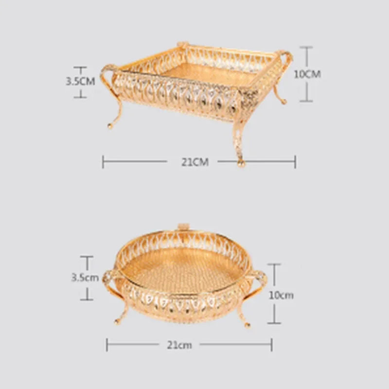 Creative Vintage Gold Fruit Tray Golden Round Square Fruit Plate Multi-Function Metal Snack Home Storage Plate Tablewear