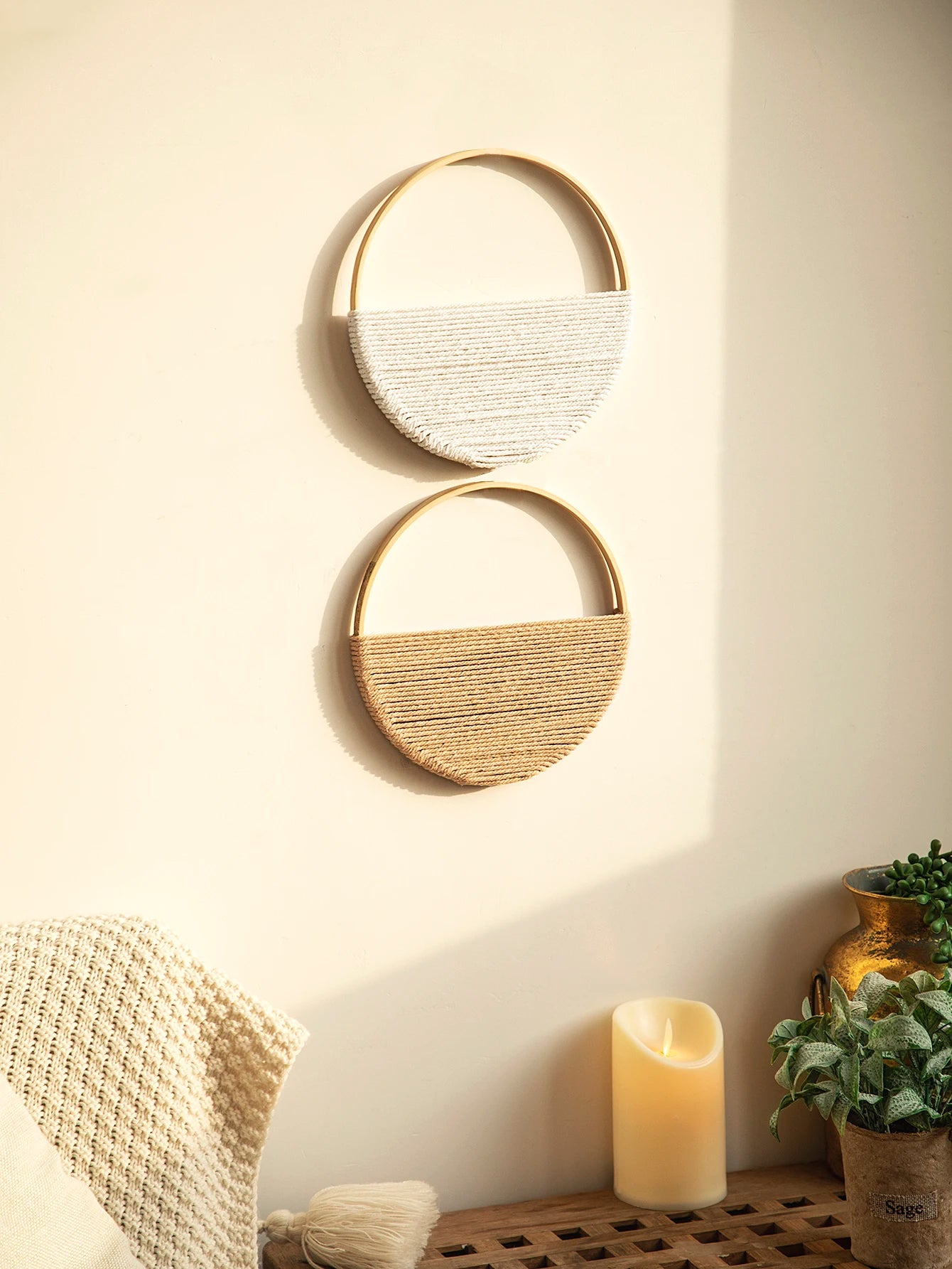 2pcs Macrame Round Wall Hanging Woven Tapestry Bamboo Circle Wall Decor Boho Home Decorations Living Room Decors Aesthetic Gifts