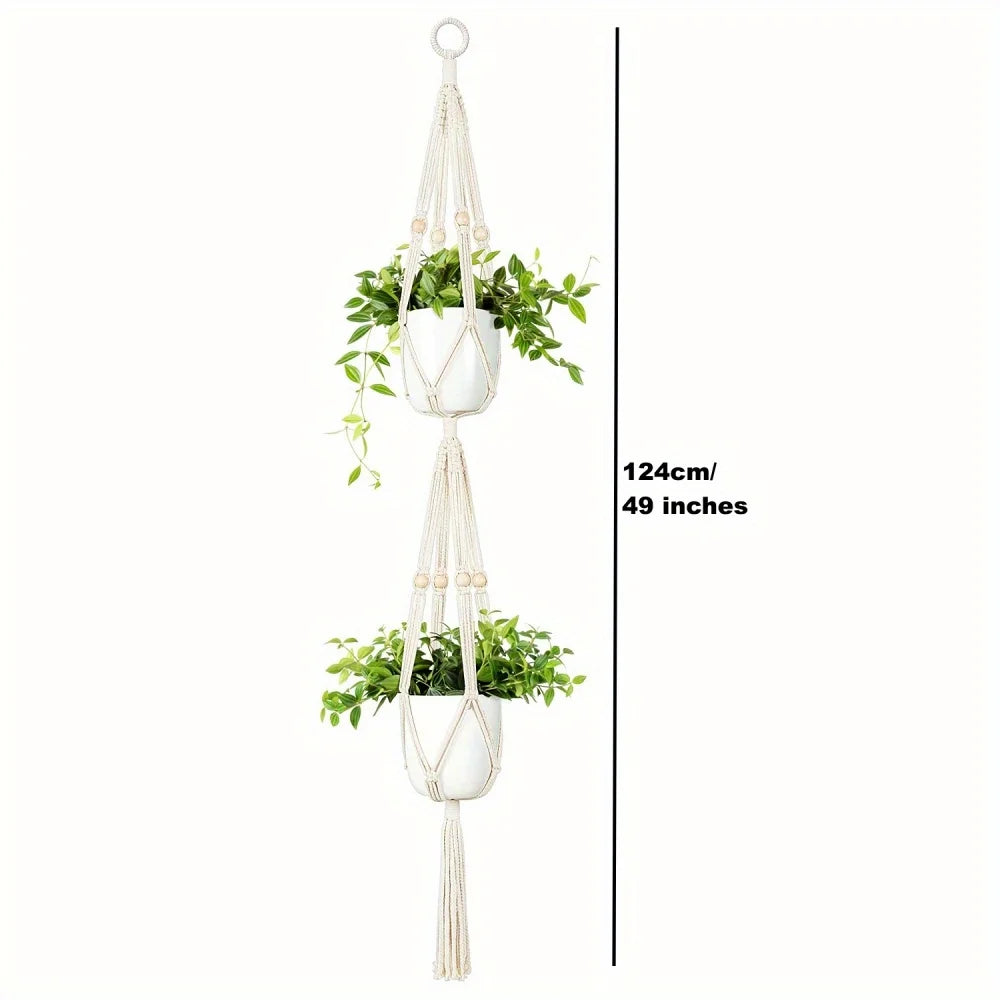 1pc, Macrame Double Plant Pendant Indoor Outdoor, 2 Tier/3Tier Hanging Planter Basket Cotton Rope With Beads 49 Inches/70 Inches