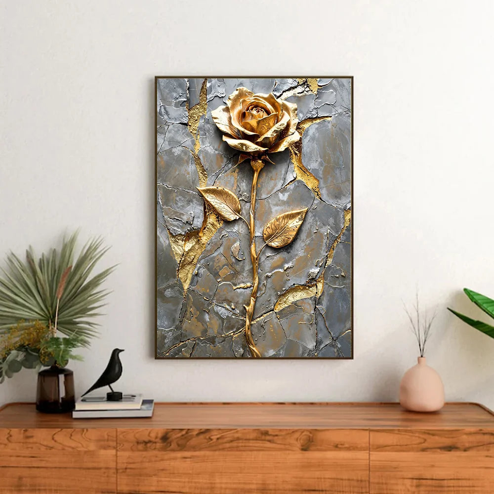 Golden Tree and Moon Abstract Painting Canvas Print, Luxury Wall Art, Minimalist Poster, Asian Style Pictures For Home Interior