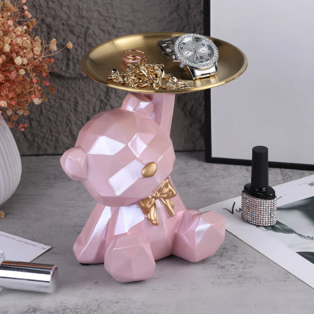 Bear Storage Tray Geometric Bear Key Bowl Multifunctional Key Holder Figurine Decorative Jewelry Candy Tray for Home Office