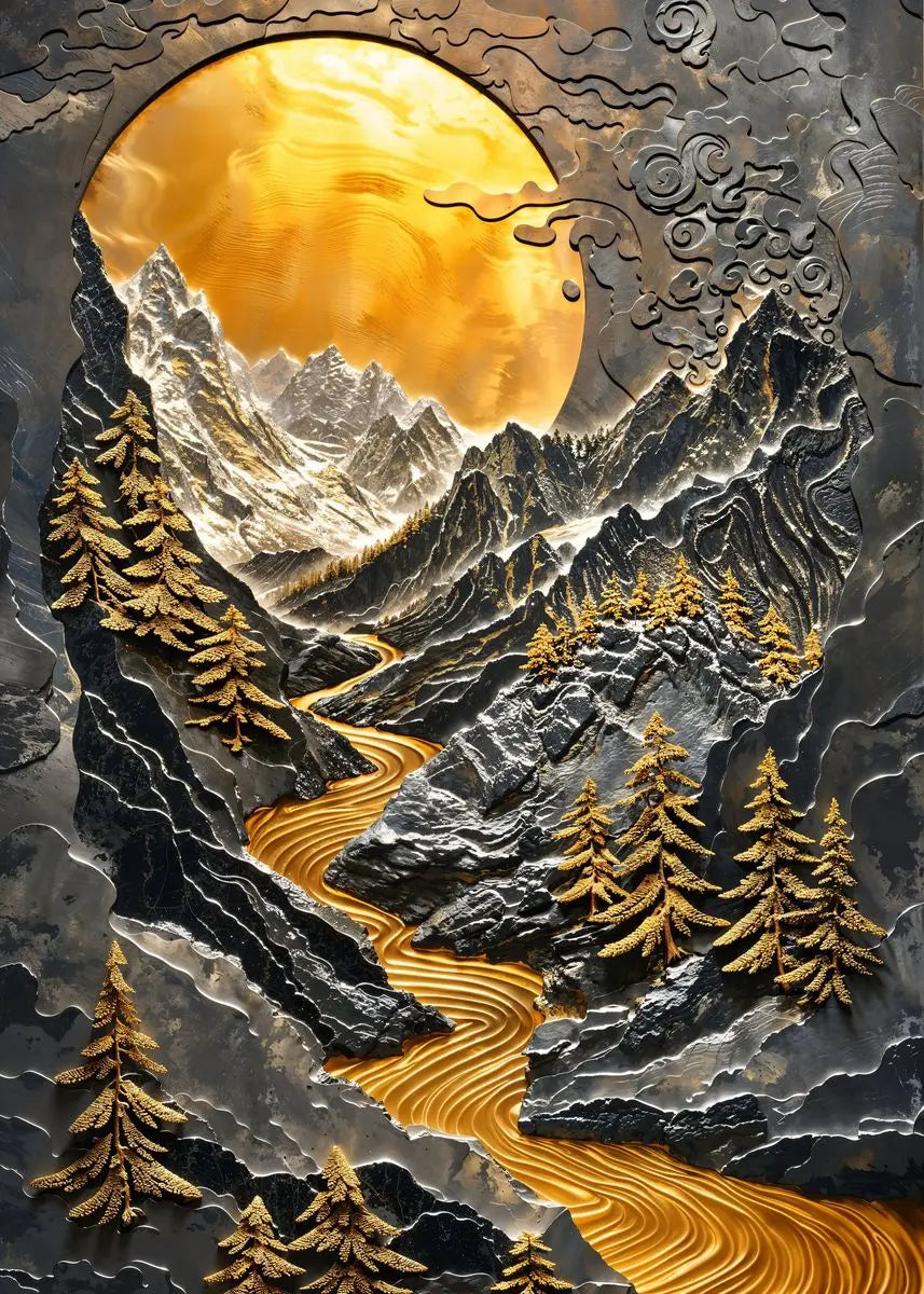 Golden Tree and Moon Abstract Painting Canvas Print, Luxury Wall Art, Minimalist Poster, Asian Style Pictures For Home Interior