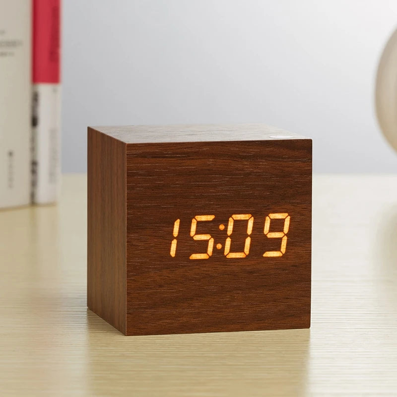 Wooden Digital Alarm Clock with Temperature Cube Electronic Control Clocks LED Alarm Clock Office Decoration Room Desk Decor