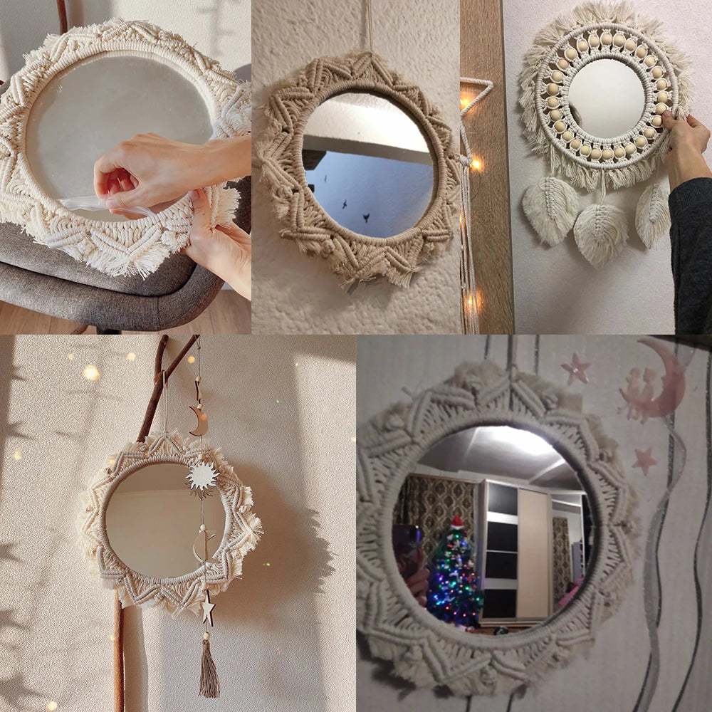 Boho Macrame Round Mirror Decorative Mirrors Aesthetic Room Decor Hanging Wall Mirror for Bedroom Living Room House Decoration