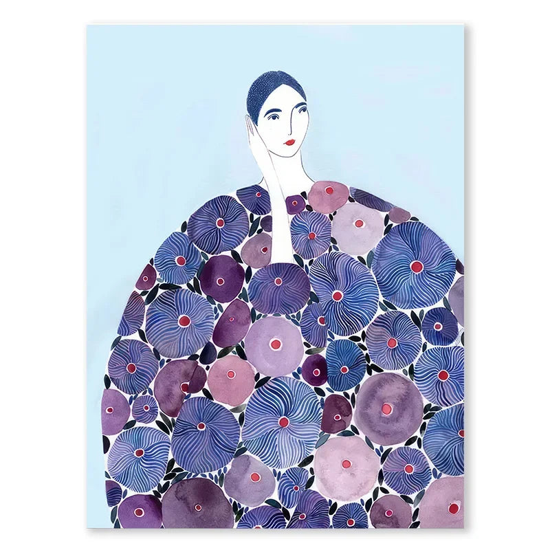 Tulip Violets Vase Woman Coat Flower Posters Light Green Abstract Aesthetics Canvas Painting Print Pictures Living Room Decor