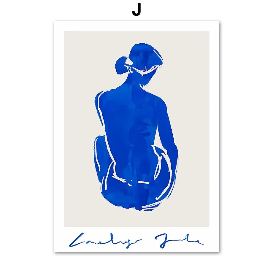 Scandinavian Simple Abstract Wall Art Blue Girl Body Lines Face HD Canvas Poster Print Home Bedroom Living Room Decoration