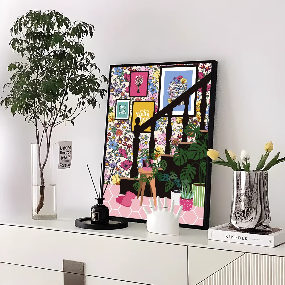 Greek Tile Botanical Plants Art Boho Green Leaves  Self-adhesive Art Poster Whitepaper Sticker DIY Room Bar Cafe Wall Decor
