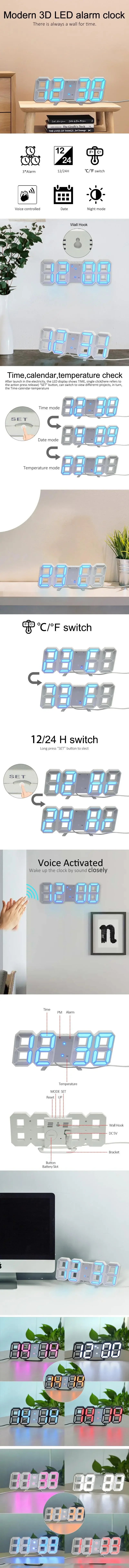 "Modern 3D LED Digital Wall Clock - Stylish Multifunctional Home Decor with USB Power, Perfect for European Interiors"