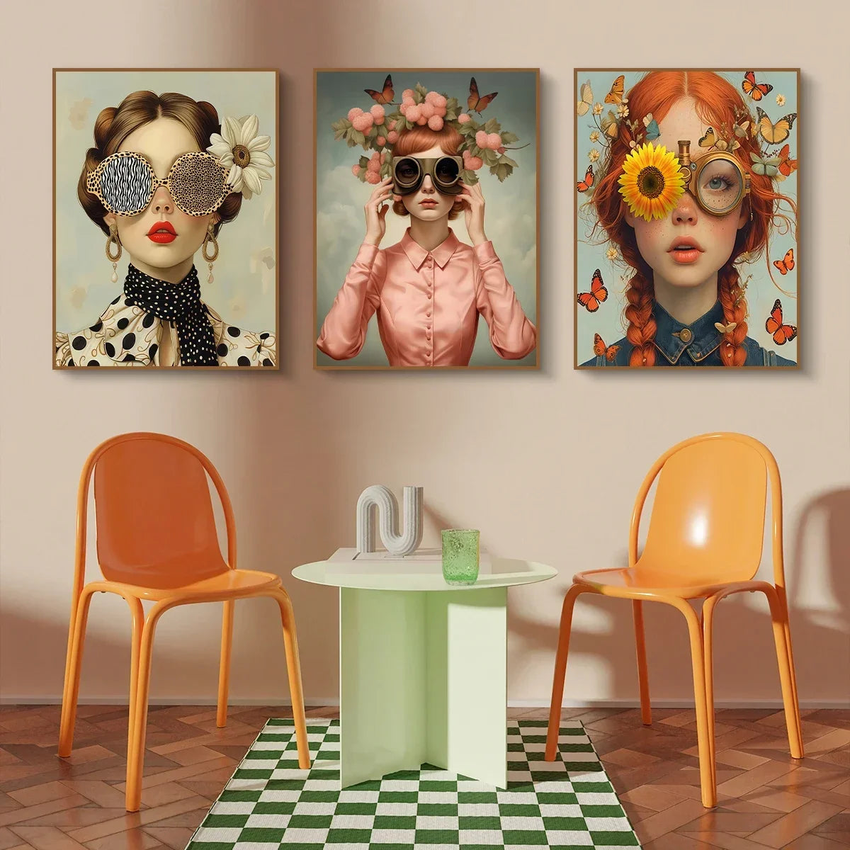 3pcs Nordic Boho Fashion Glasses Woman with Flowers Wall Art Canvas Painting Butterfly Girl Portrait Poster Prints Mural Picture