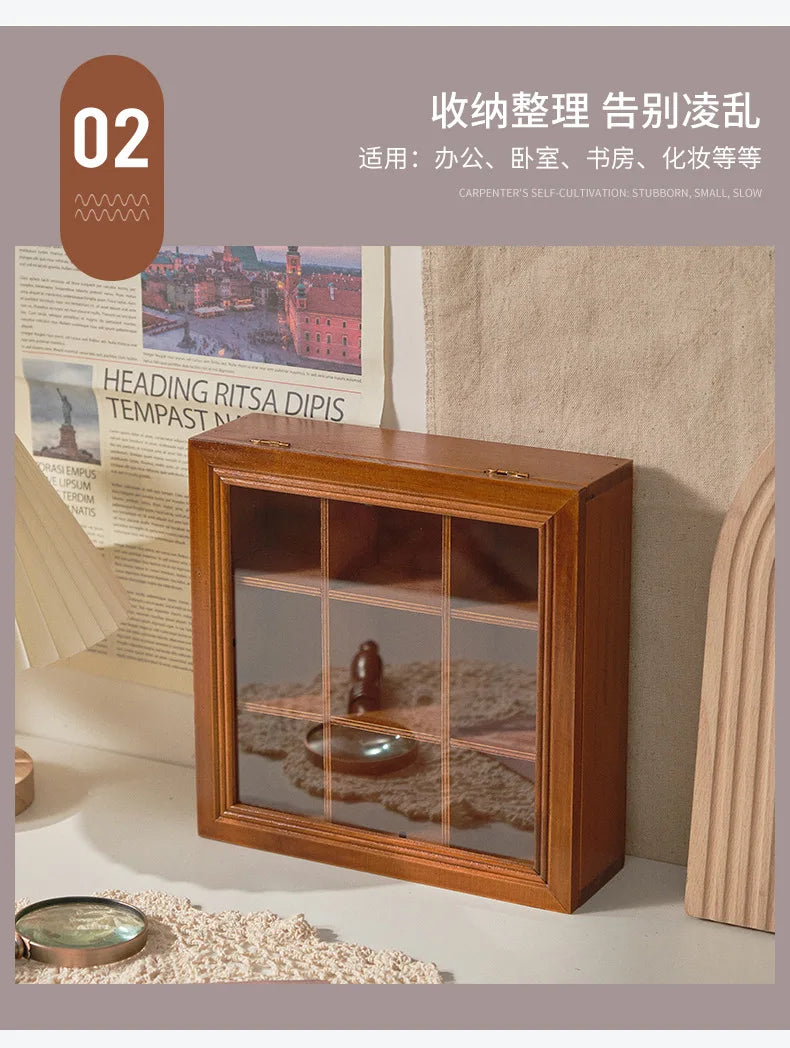 Vintage Desktop Jewelry Storage Box Household Solid Wood Desktop 9 Grids Figure Jewelry Storage Organization Rack