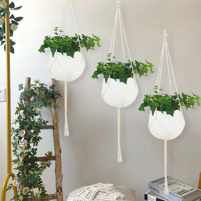 Green Plant Hanging Basket Cotton Rope Handmade Plant Hanger Flower Pot Macrame Pot Pocket Wall Boho Courtyard Home Decoration