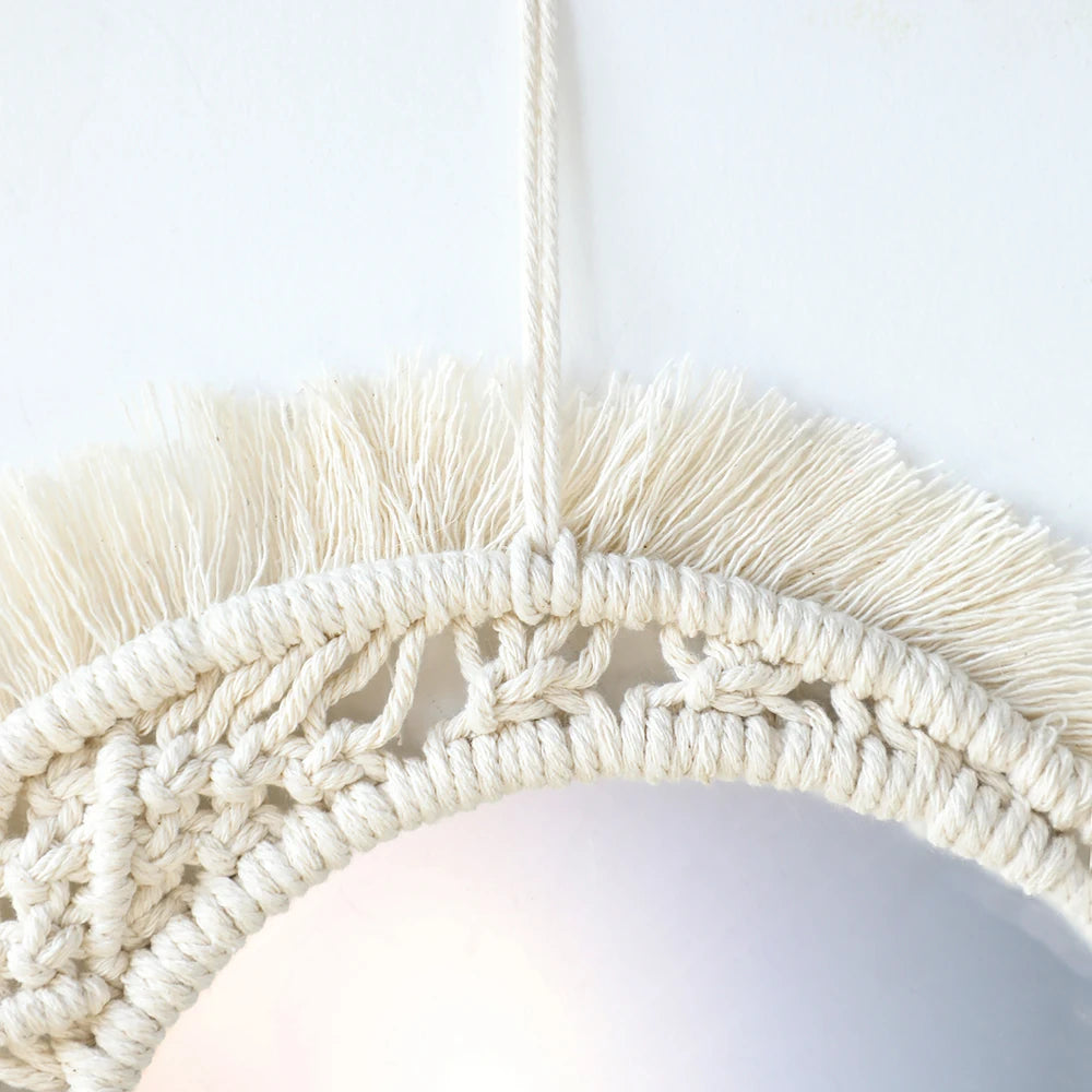 Boho Macrame Round Mirror Decorative Mirrors Aesthetic Room Decor Hanging Wall Mirror for Bedroom Living Room House Decoration