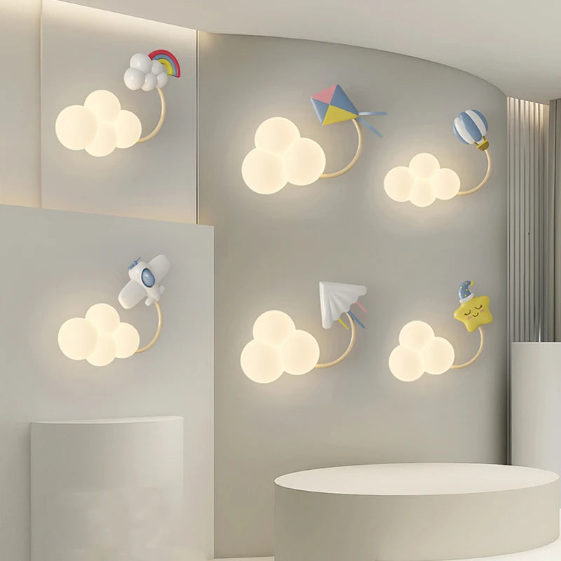 Cartoon Airplane Wall Lights PE Lampshade Star Rainbow Kite Hot air balloon Cloud Night Light Children Bedroom Bedside Wall Lamp