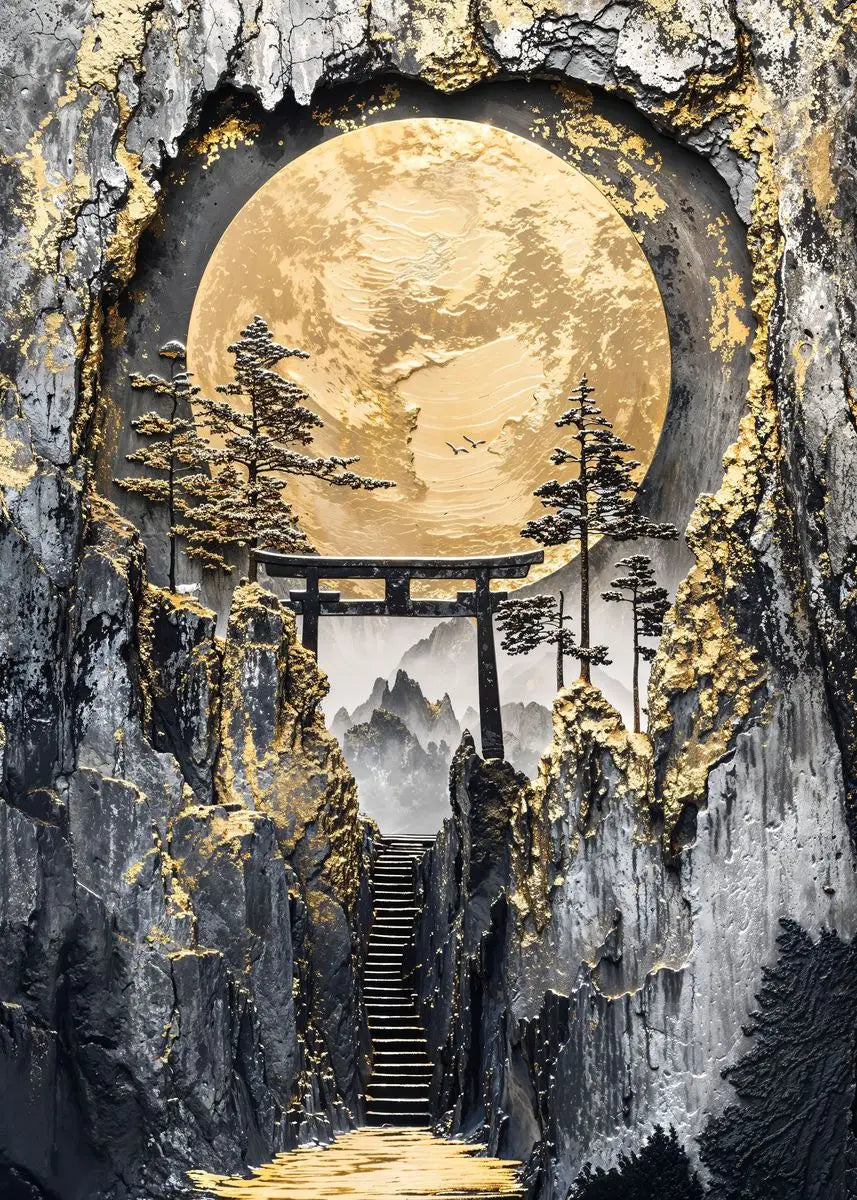 Golden Tree and Moon Abstract Painting Canvas Print, Luxury Wall Art, Minimalist Poster, Asian Style Pictures For Home Interior